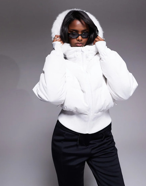  Asos Chaqueta Bomber Corta De Esquí Blanca Aislante Con Capucha De Piel Sintética Ski De Asos 4505-blanco 