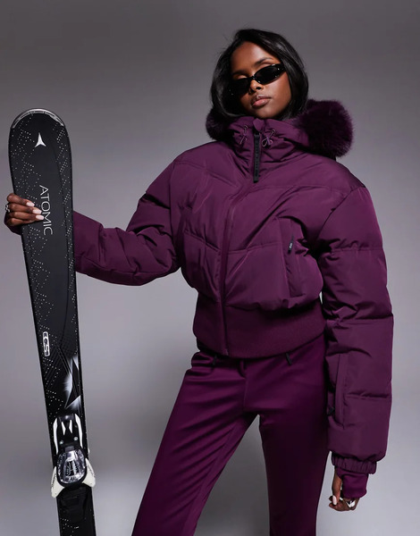  Asos Chaqueta Bomber Corta De Esquí Color Ciruela Aislante Con Capucha De Piel Sintética De Asos 4505 Ski-morado 