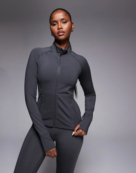  Asos Chaqueta Deportiva Gris Humo De Manga Larga Con Diseño Moldeador, Cremallera Y Bolsillos Con Cremallera Icon De 4505 Curve 