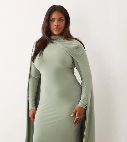  Asos Curve Asos Design Curve - Vestido Largo Verde Salvia Ceñido De Manga Larga Con Detalle De Capa Extrema En Los Hombros 