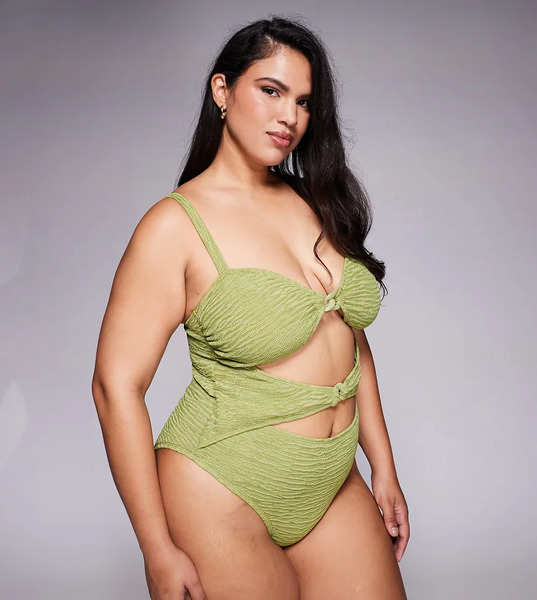  Asos Curve Bañador Verde Lima Con Escote Palabra De Honor, Detalle Retorcido En La Parte Delantera Y Eslabón Laurie De Asos Design Curve 
