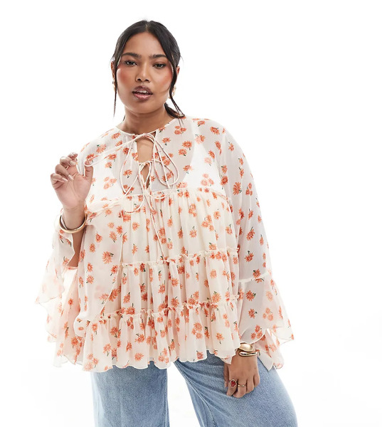  Asos Curve Blusa Escalonada Con Lazada Delantera, Estampado Floral Y Volantes En Los Puños De Asos Design Curve-multicolor 
