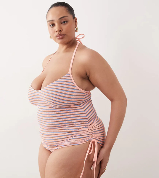  Asos Curve Braguitas De Bikini A Rayas Texturizadas De Talle Alto Con Laterales Fruncidos Sally De Asos Design Curve-rosa 