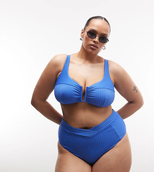  Asos Curve Braguitas De Bikini Azules De Talle Alto Con Parte Delantera Cruzada Y Diseño Dividido De Canalé Rory De Asos Design Curve 