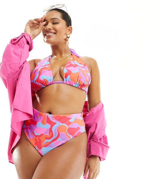  Asos Curve Braguitas De Bikini De Pernera Y Talle Altos Con Estampado Abstracto Reversible De Asos Design Curve-multicolor 