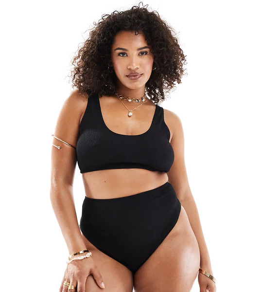  Asos Curve Braguitas De Bikini Negras De Pernera Y Talle Altos De Tejido Rugoso Amy Mix & Match De Asos Design Curve-negro 