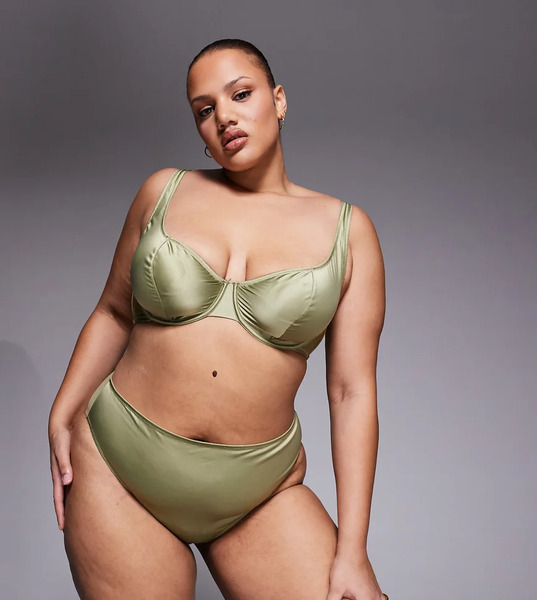  Asos Curve Braguitas Verde Oliva De Talle Alto De Satén Liso Con Parte Trasera De Malla Transparente Fern De Asos Design Curve-azul 