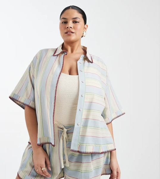  Asos Curve Camisa Resort Playera A Rayas Con Acabado Lavado Y Detalle De Pespuntes Sasha De Asos Design Curve (parte De Un Conjunto)-multicolor 
