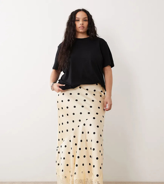  Asos Curve Falda Larga De Corte Sirena Con Estampado De Lunares Y Bajo De Encaje De Asos Design Curve-multicolor 