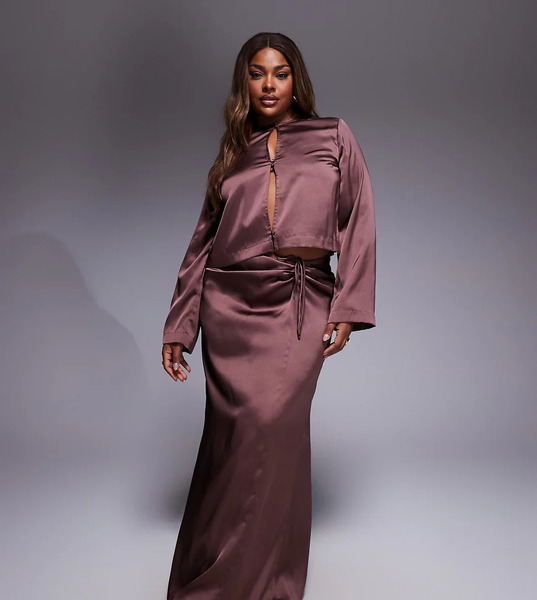  Asos Curve Falda Larga Marrón Chocolate Con Detalle Fruncido De Satén De Asos Design Curve (parte De Un Conjunto)-brown 