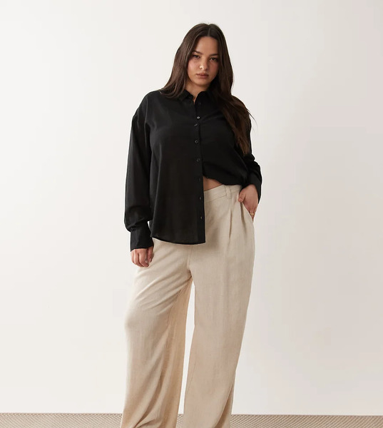  Asos Curve Pantalones Beis De Pernera Ancha Con Detalle De Pinzas De Mezcla De Lino De Asos Design Curve-neutro 