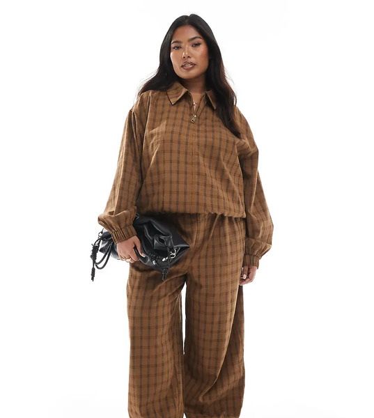  Asos Curve Pantalones Color Mostaza A Cuadros De Pernera Barrel Sin Cierres Con Detalle De Costura De Tejido Texturizado De Asos Design Curve (parte De Un Conjunto)-amarillo 