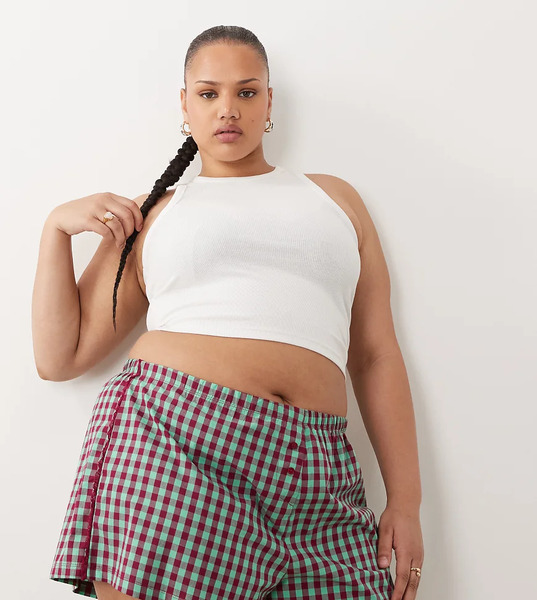  Asos Curve Pantalones Cortos De Pijama Verde Menta Y Burdeos A Cuadros Vichy De Tejido Texturizado Con Ribete De Encaje De Asos Design Curve-multicolor 