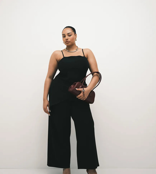  Asos Curve Pantalones De Sastre Negros Lisos De Pernera Ancha Con Detalle De Falda Cruzada De Sarga De Asos Design Curve 