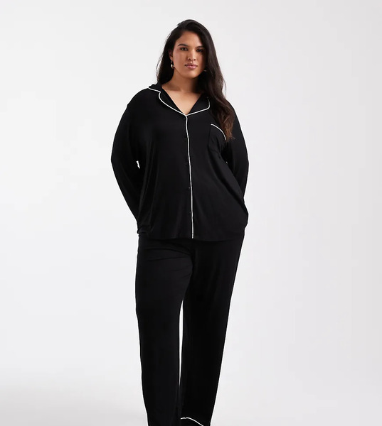  Asos Curve Pijama Negro De Camisa De Manga Larga Y Pantalones Con Ribetes En Contraste De Tejido Supersuave De Asos Design Curve 