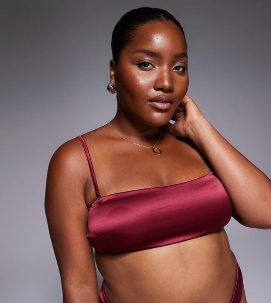  Asos Curve Sujetador Burdeos Con Escote Palabra De Honor De Malla Y Satén Liso Brooke De Asos Design Curve-rojo 