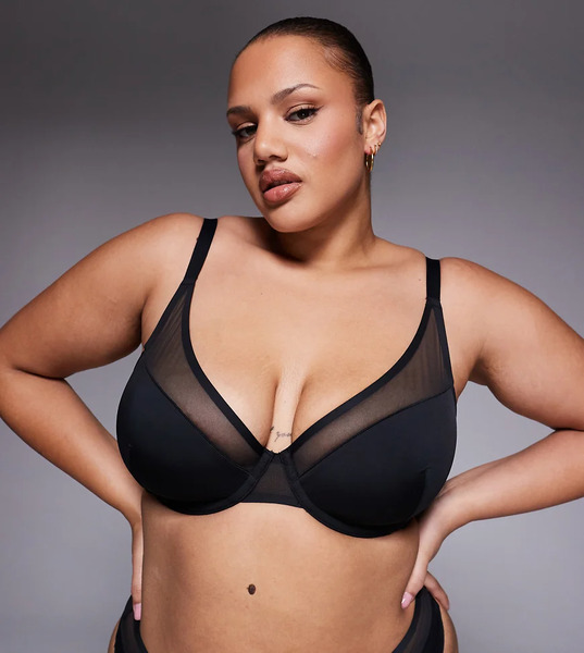  Asos Curve Sujetador Negro De Media Copa Moldeada De Microfibra Con Aros, Relleno Y Detalle De Malla Ella De Asos Design Curve 
