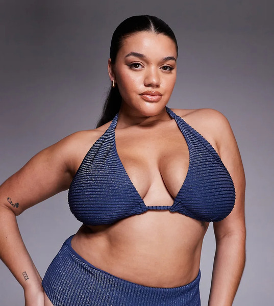 Asos Curve Top De Bikini Azul Pizarra De Copas Altas Con Lazada De Canalé Con Purpurina Riddy Laguna De Asos Design Curve 