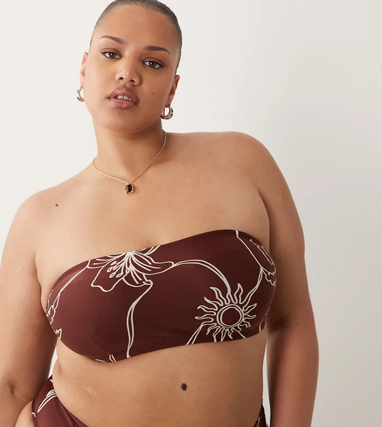 Asos Curve Top De Bikini Marrón Chocolate Palabra De Honor Con Aros Ocultos Y Estampado De Palmeras Logan De Asos Design Curve 