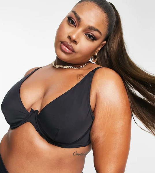  Asos Curve Top De Bikini Negro Con Aros Y Detalle Escalonado En La Parte Delantera Maya Mix & Match De Asos Design Curve 