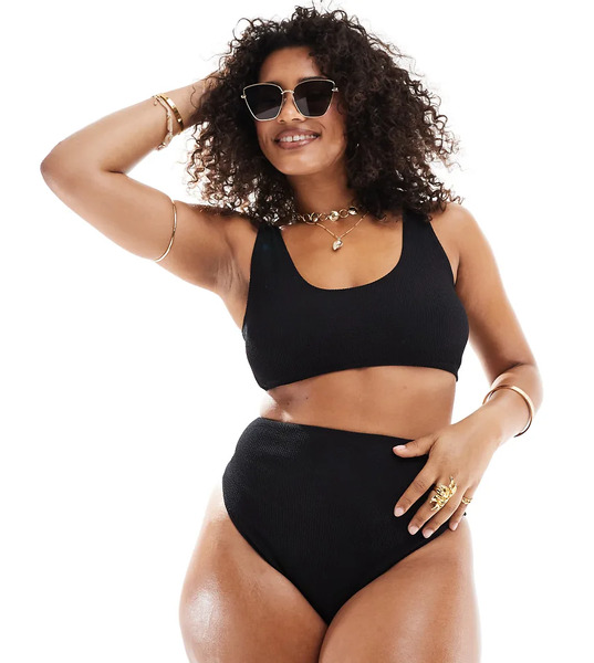  Asos Curve Top De Bikini Negro Estilo Top Corto Entallado Con Escote Ancho De Tejido Rugoso Amy Mix & Match De Asos Design Curve 