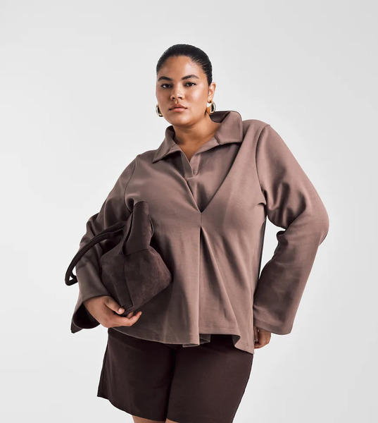  Asos Curve Top Marrón Chocolate Estilo Polo De Rugby Con Detalle Recogido De Tejido Grueso De Asos Design Curve-brown 