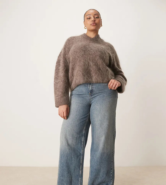  Asos Curve Vaqueros De Pernera Ancha Y Talle Alto Con Lavado Vintage Y Detalle De Tira Ajustable De Asos Design Curve-azul 