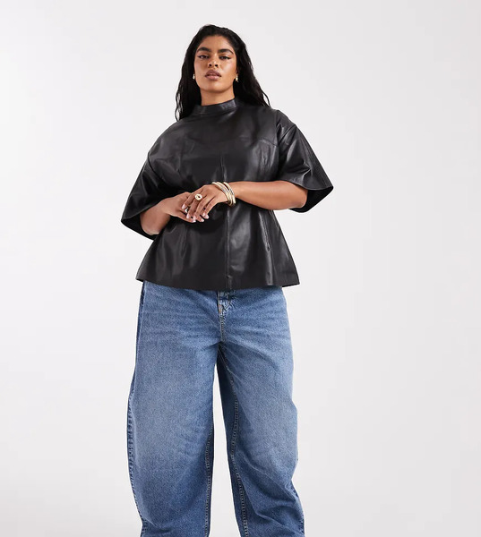  Asos Curve Vaqueros De Talle Alto Y Pernera Barrel Con Lavado Oscuro Medio De Asos Design Curve Circular Design Collection-azul 