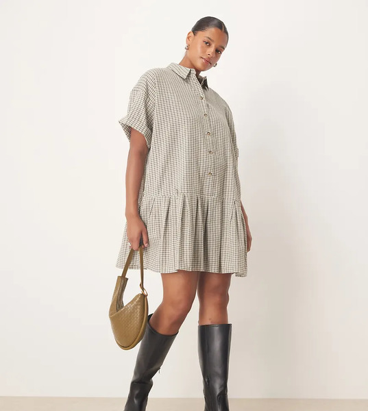 Asos Curve Vestido Camisero Corto Monocromático A Cuadros De Corte Cuadrado Con Cintura Baja De Asos Design Curve-multicolor 
