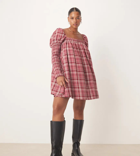  Asos Curve Vestido Corto A Cuadros De Estilo Babydoll Con Cuello Cuadrado Y Detalles Fruncidos Variados De Asos Design Curve-multicolor 