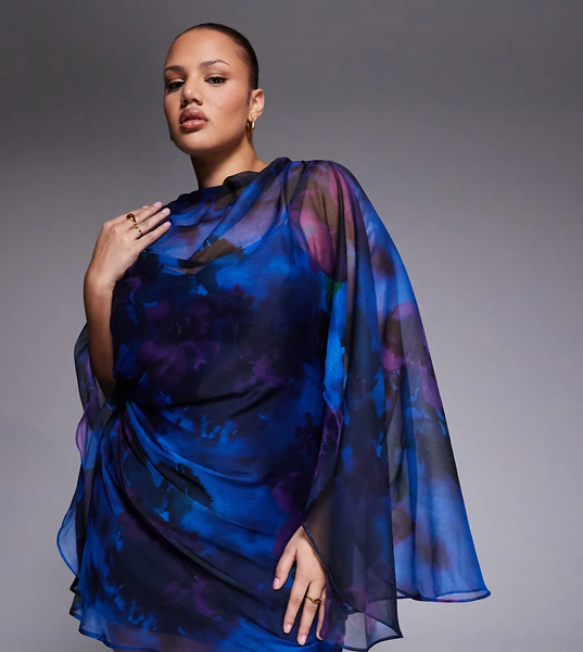  Asos Curve Vestido Corto Azul Drapeado En La Parte Delantera Con Estampado Floral, Mangas Estilo Capa Y Cuello Alto De Asos Design Curve-multicolor 