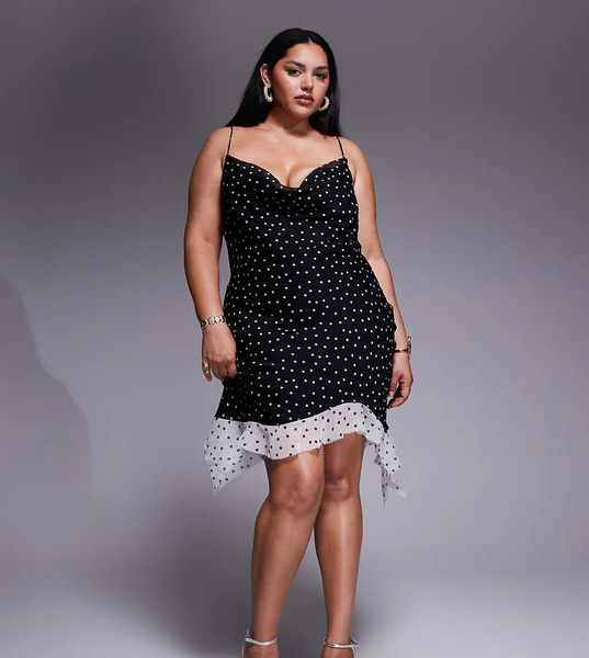  Asos Curve Vestido Corto De Corte Al Bies Con Estampado De Lunares, Cuello Desbocado Y Bajo En Contraste De Asos Design Curve-negro 