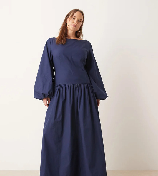  Asos Curve Vestido Largo Azul Marino Con Mangas Voluminosas Y Cintura Asimétrica De Popelina De Asos Design Curve 