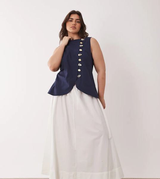  Asos Curve Vestido Largo Azul Marino Estilo Chaleco De Tejido Efecto Lino Con Falda Blanca De Popelina De Asos Design Curve 