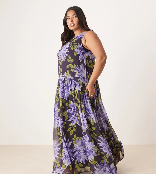  Asos Curve Vestido Largo Con Estampado Floral Difuminado Y Costura En Relieve En La Cintura De Asos Design Curve-multicolor 