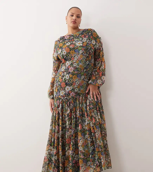  Asos Curve Vestido Largo Negro Con Estampado Floral, Cuello Barco Y Falda De Godets De Chifón De Asos Design Curve-multicolor 