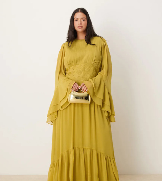  Asos Curve Vestido Largo Verde Oliva Claro De Manga Larga De Chifón Con Detalle De Punto De Cruz En La Cintura De Asos Design Curve 