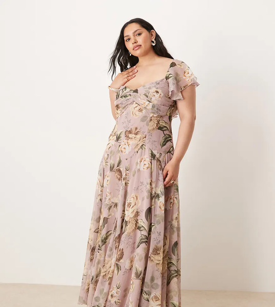  Asos Curve Vestido Midi Lila Con Estampado Floral, Cintura Baja Y Falda De Corte Amplio De Asos Design Curve-multicolor 