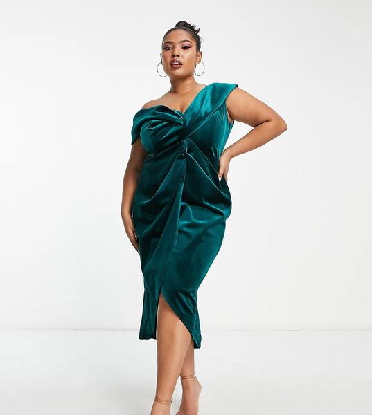  Asos Curve Vestido Midi Verde Bosque Cruzado Con Escote Bardot Y Detalle Retorcido En La Parte Delantera De Terciopelo De Asos Design Curve 