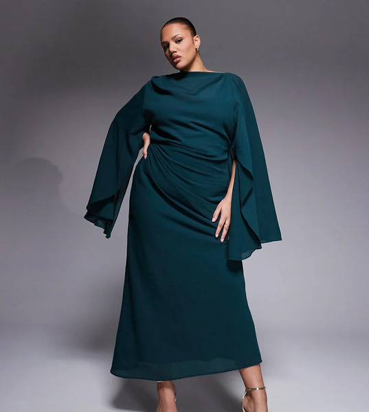  Asos Curve Vestido Semilargo Color Cerceta Con Mangas Kimono Estilo Capa Drapeadas Y Espalda Abierta De Asos Design Curve-verde 