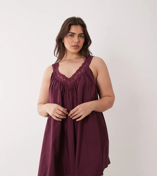  Asos Curve Vestido Veraniego Corto Color Vino Ciruela De Corte Amplio De Popelina Con Cuello De Pico Y Capa Exterior De Encaje De Asos Design Curve-rojo 