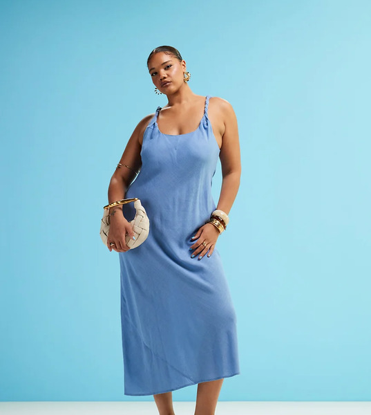  Asos Curve Vestido Veraniego Largo Azul Denim De Corte Al Bies Con Tirantes Retorcidos De Tejido Efecto Lino De Asos Design Curve 