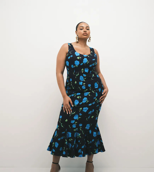  Asos Curve Vestido Veraniego Midi Negro De Corte Sirena Con Estampado Floral, Cuello Ancho Y Falda De Godets De Asos Design Curve-multicolor 