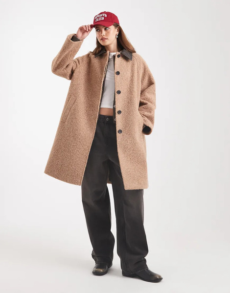  Asos Design Abrigo De Largo Medio Color Galleta Con Cuello En Contraste De Tejido Cepillado De Asos Design-neutro 
