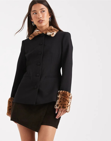  Asos Design Americana Negra Con Detalle De Solapas Y Puños Con Estampado De Leopardo De Piel Sintética De Asos Design-negro 