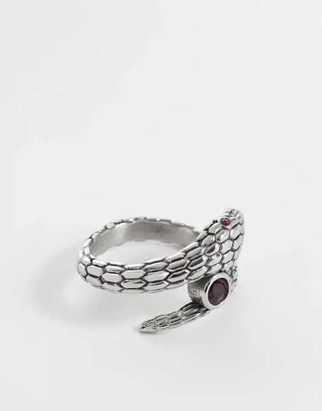  Asos Design Asos Design - Anillo Plateado Con Diseño Envolvente De Serpiente Y Piedra Granate De Acero Inoxidable Resistente Al Agua 