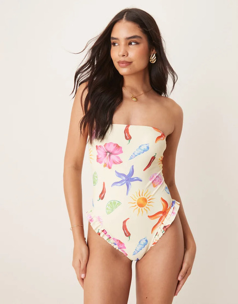  Asos Design Bañador Con Estampado De Conchas, Escote Palabra De Honor Y Bordes De Volantes May De Asos Design-amarillo 