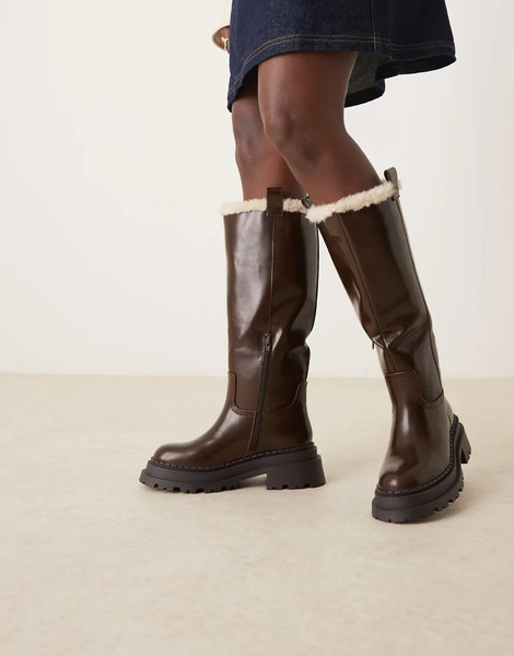  Asos Design Botas Por La Rodilla Marrón Chocolate Planas Con Suela Gruesa Y Forro De Borreguito Cecilia De Asos Design-brown 