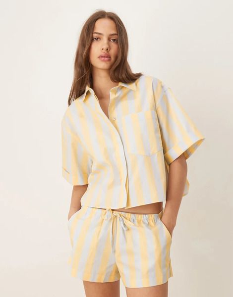 Asos Design Camisa De Pijama Azul Y Amarillo Pastel A Rayas Extragrande De Manga Corta De Tejido Liso Mix & Match De Asos Design 