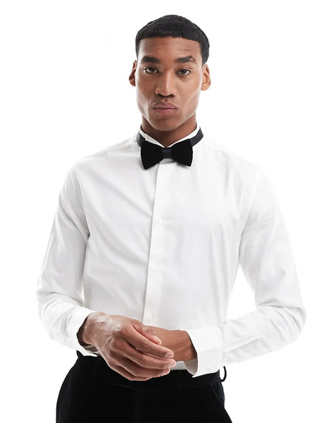  Asos Design Camisa De Vestir Blanca De Corte Slim Con Cuello Italiano De Popelina Fácil De Planchar De Asos Design-blanco 